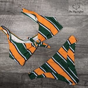 Amzbrly Women's Scoop Neck Tie Knot Front Striped bikini Size L